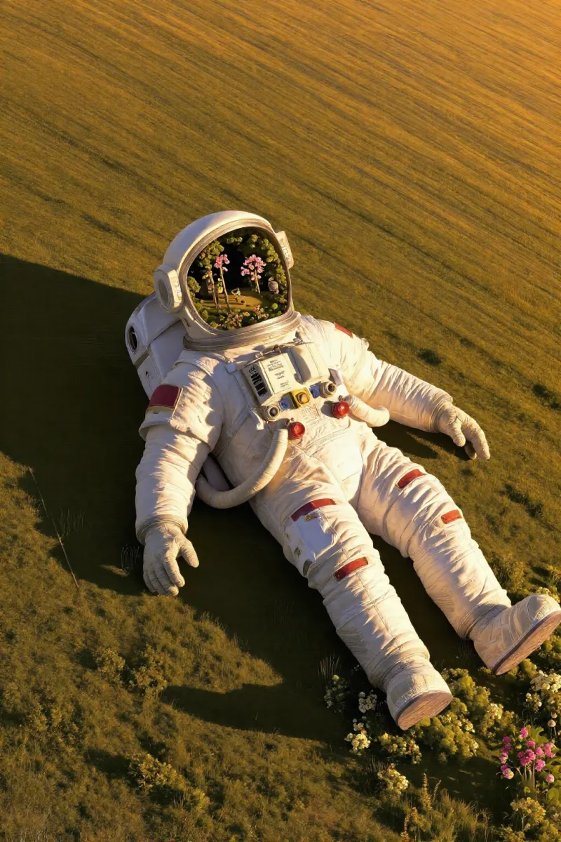 An astronaut in a white suit lies on a grassy slope, and small pink flowers and plants are visible inside the helmet.