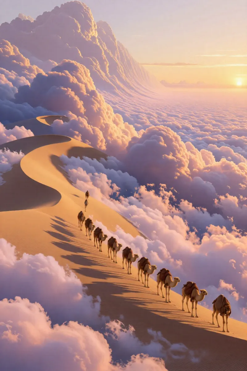 A caravan of camels walks along a sandy ridge surrounded by large lilac clouds under a low golden sun.