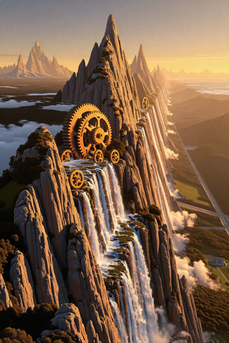 A tall rocky mountain with big brass gears on its slope and waterfalls flowing down, with misty mountains behind.