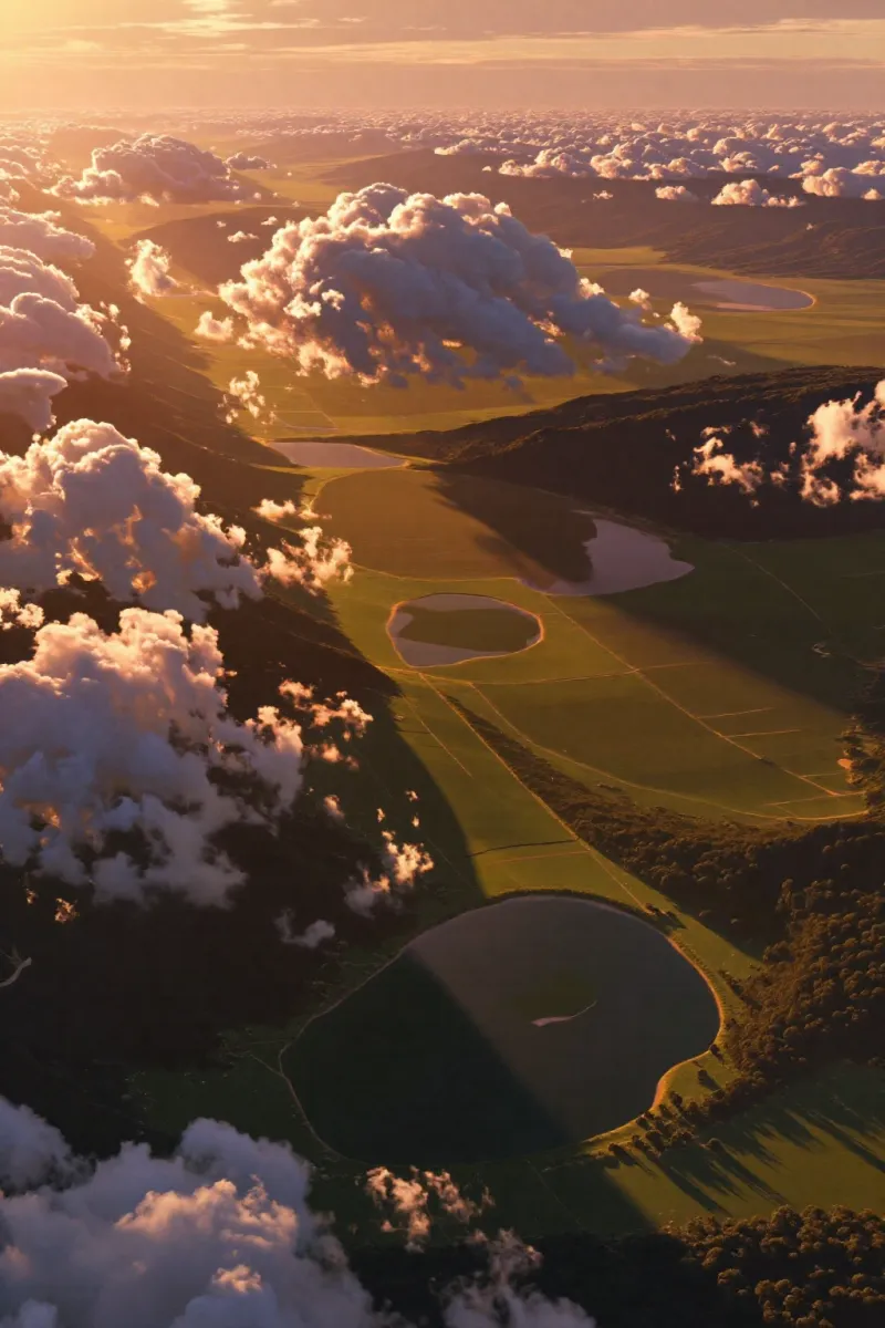 An aerial view of green fields with white clouds above and several round dark lakes on the ground in the golden light.
