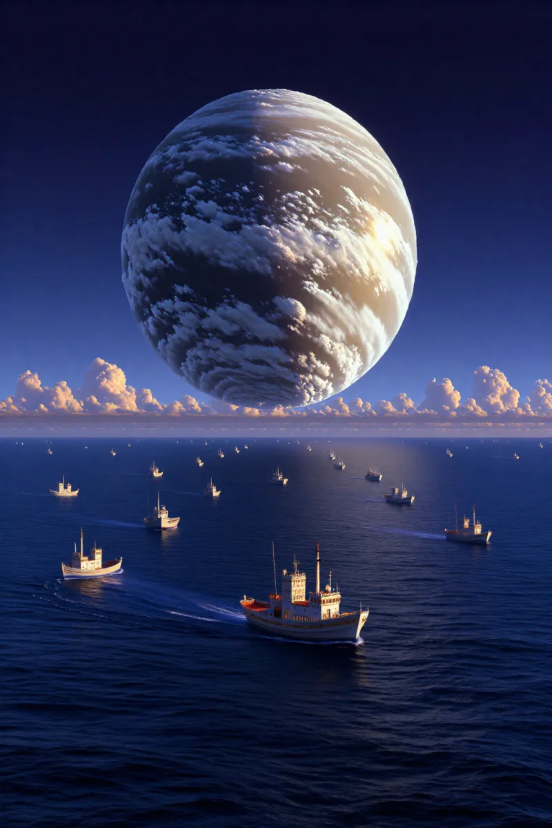 A large white and grey cloudy planet sits above a deep blue sea with several small boats and a low line of clouds.