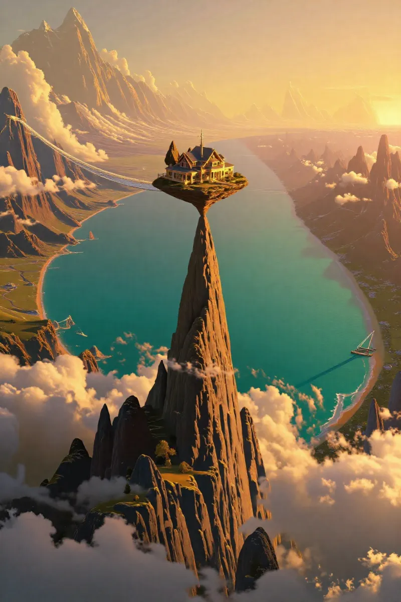 A cottage stands on top of a tall rock spire above clouds, with a turquoise lagoon and mountains around it.