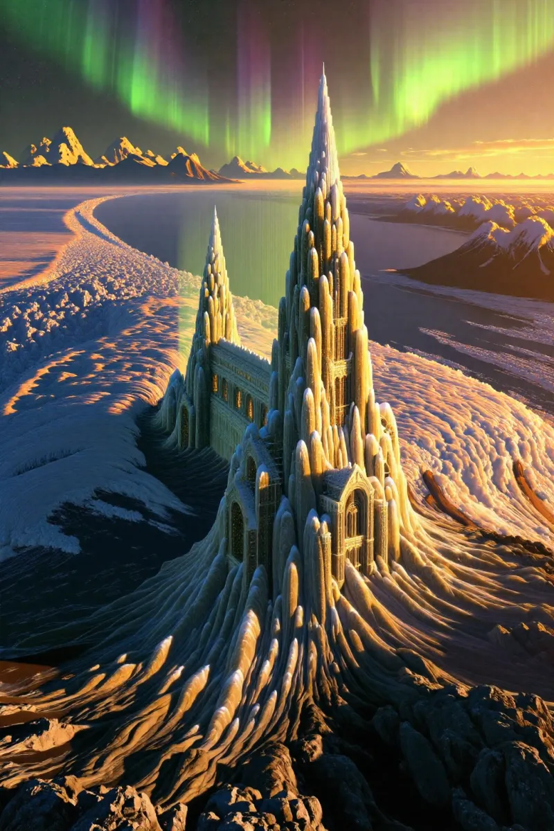 A large cathedral-like crystal spire stands on an icy plain with a green and purple aurora in the sky behind it.