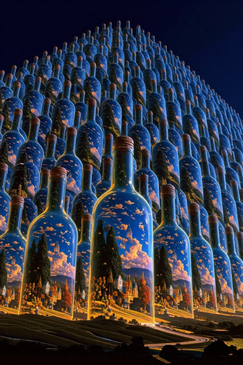 Rows of large glass bottles filled with little blue skies, clouds and trees stand on a dark ground under a navy sky.