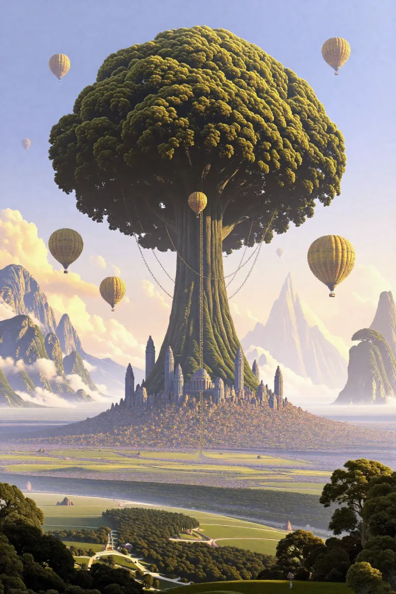 A huge round oak tree with several hot air balloons tied around it rises above a distant city and a green valley.