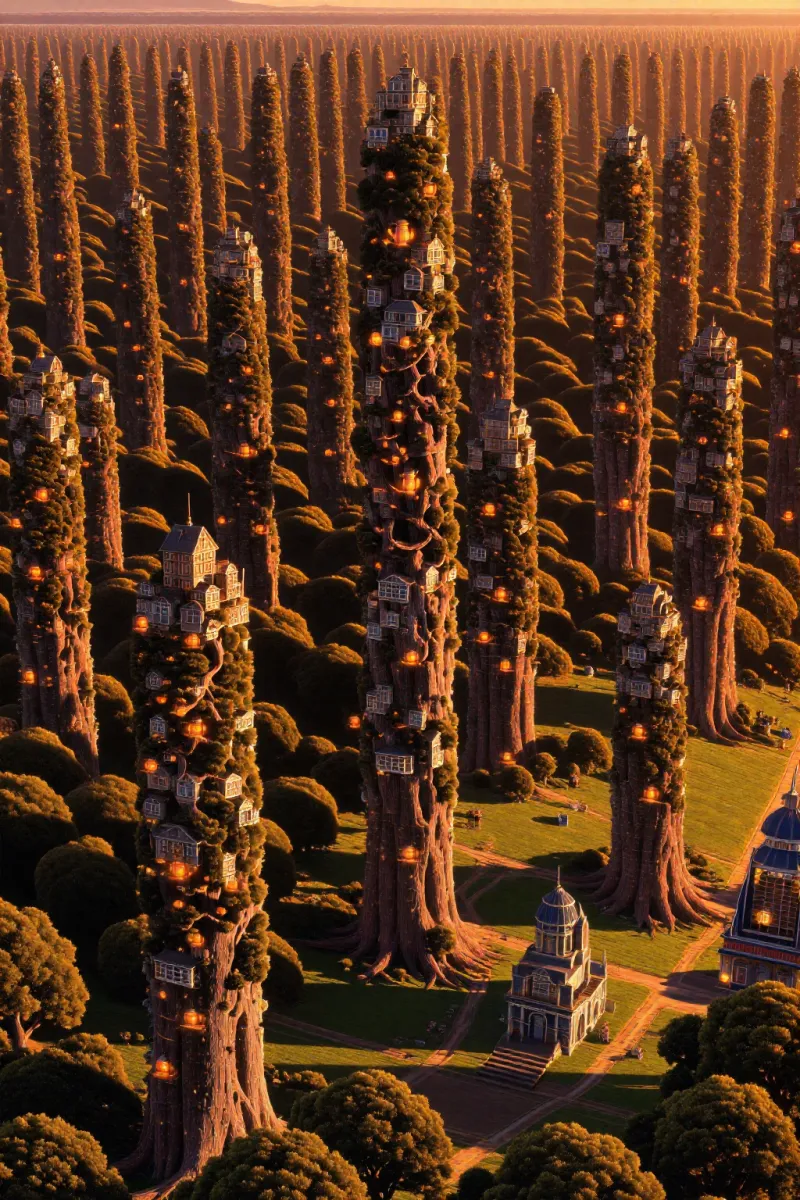 Tall tree-like towers made of stacked small houses with glowing lights stand in a dense orange forest above a few buildings.