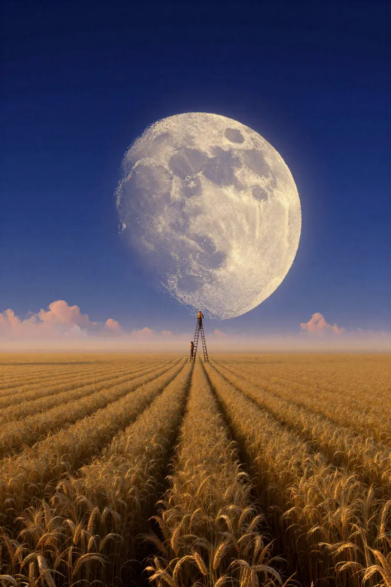 A large detailed moon hangs over a wheat field, and a thin ladder stands in the middle of the rows near the horizon.