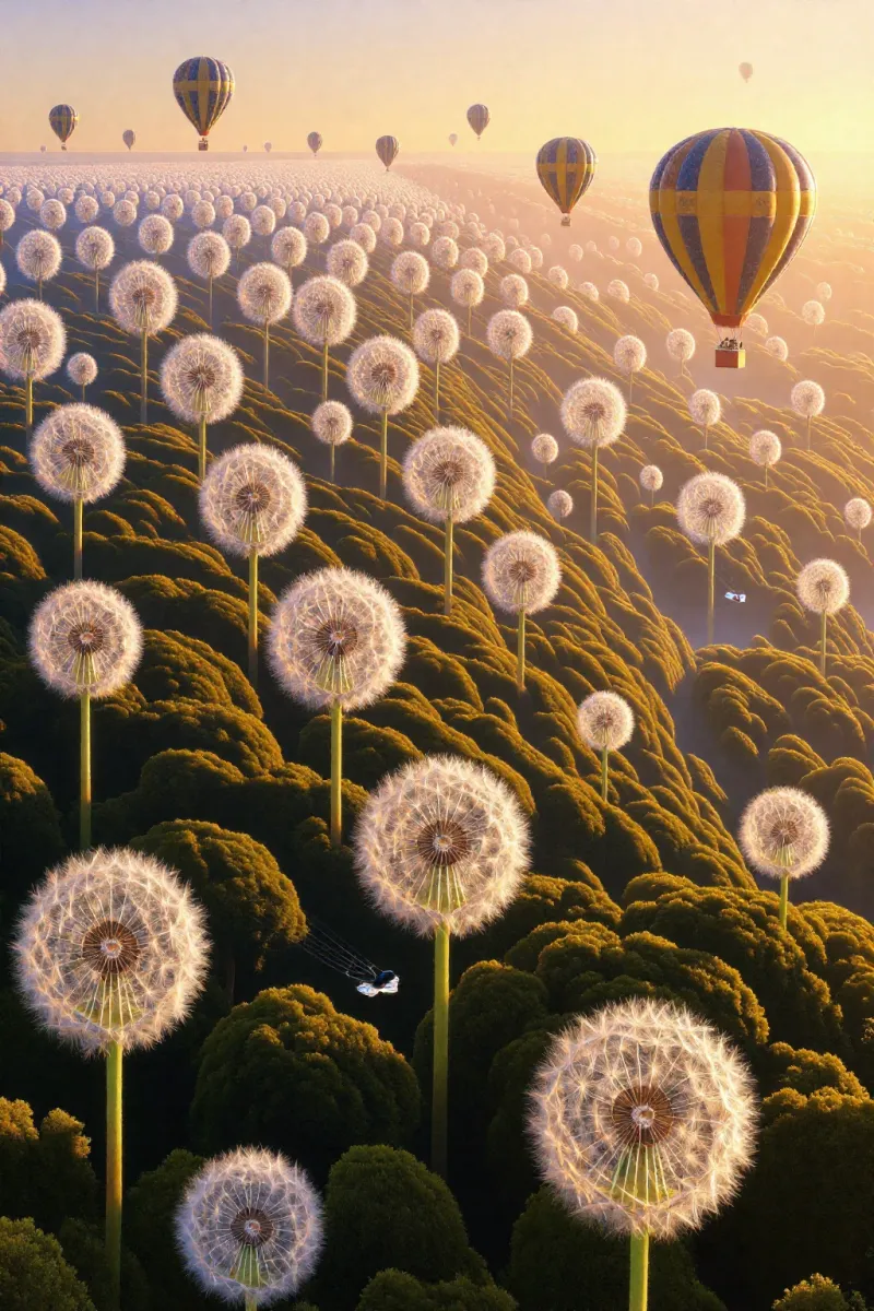 Huge white dandelions grow above a forest canopy, with several hot air balloons floating in a pale golden sky.