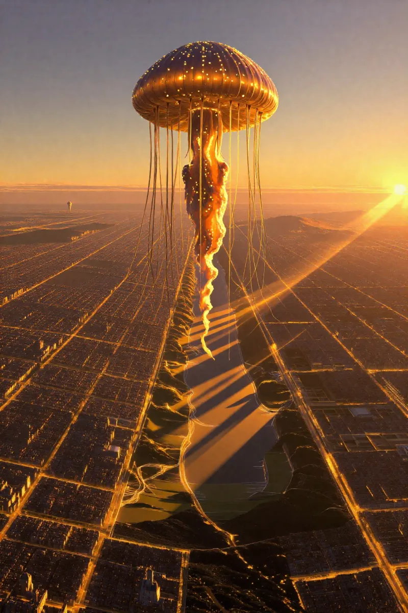 A large golden jellyfish hangs in the sky above a dense city of straight streets lit by low sunlight.