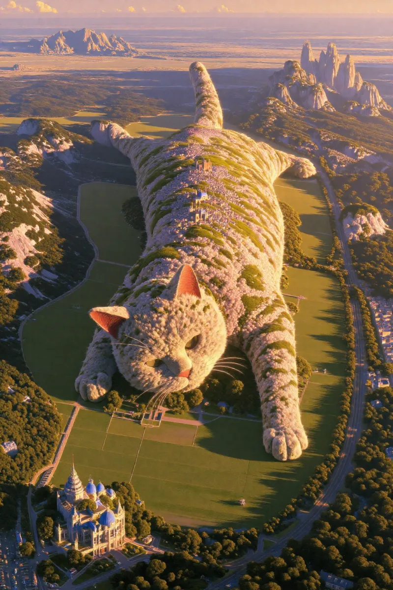 A giant cat lies stretched out across a green valley, with trees and fields on its body and a castle with blue domes nearby.