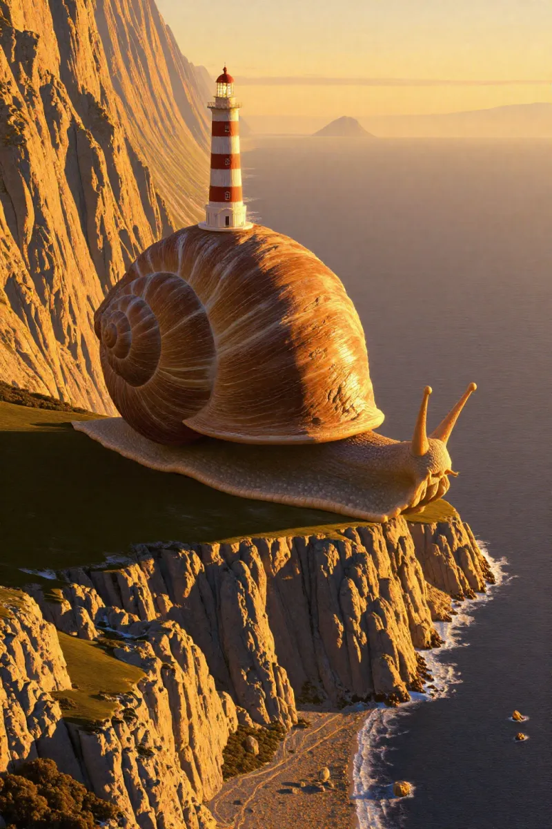 A large snail with a striped lighthouse on its shell crawls along the edge of a cliff above a calm sea.