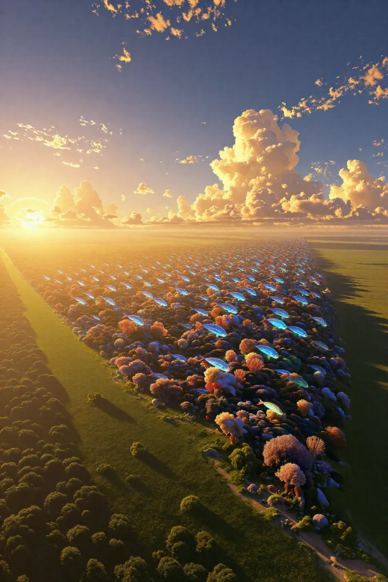 A band of colorful coral-like trees and bright blue fish-shaped lights floats above a grassy slope under a sunset sky.