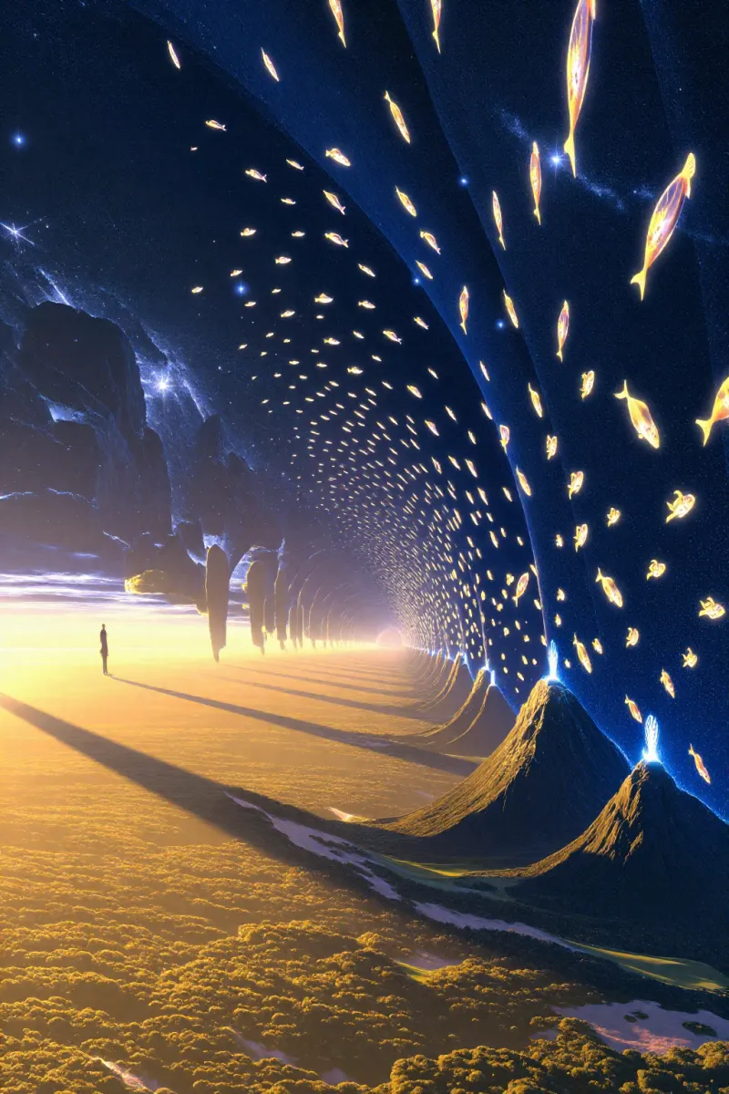 Hundreds of small glowing fish drift through a curved starry night tunnel above a pale plain with a tiny figure walking.