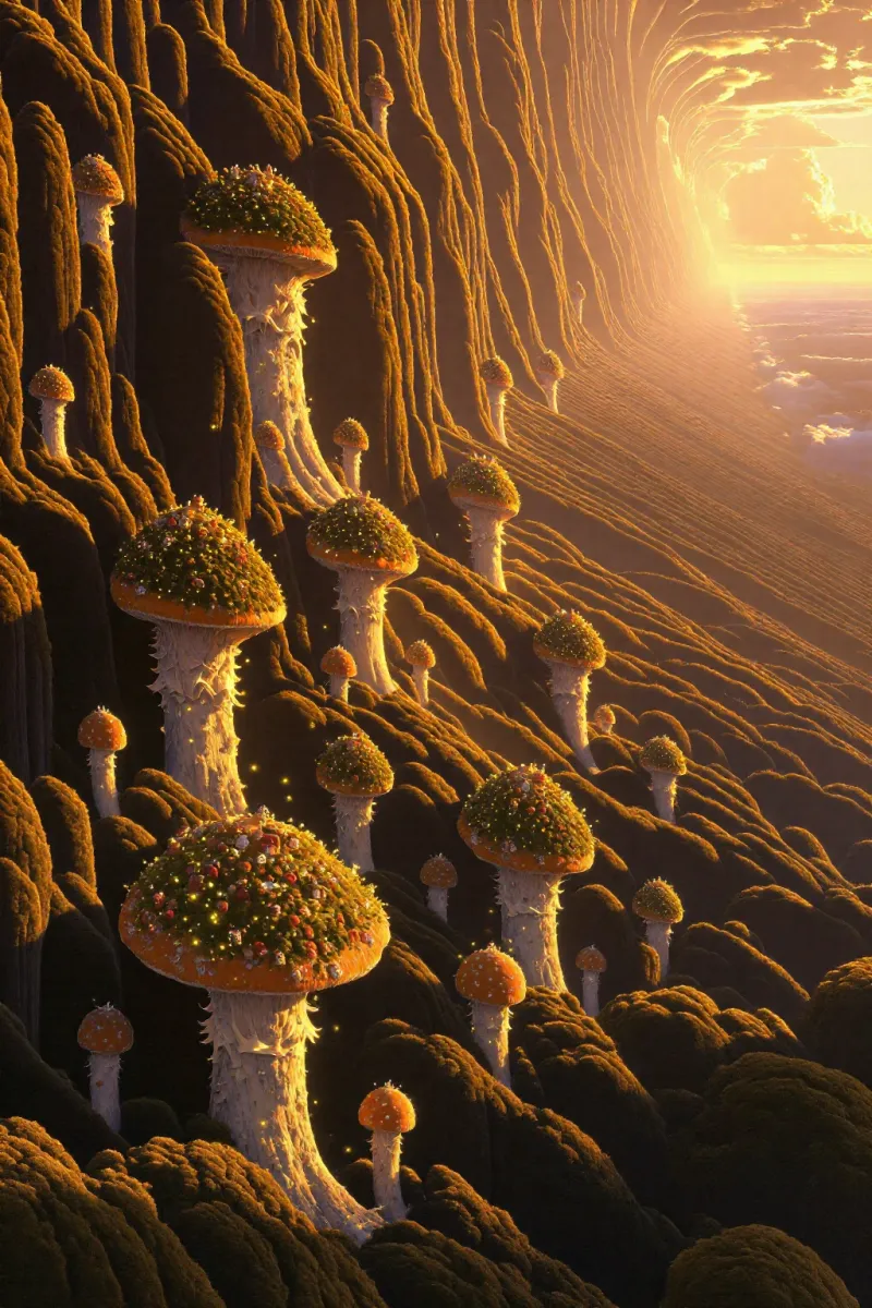 Large mushrooms with flowered caps stand on a steep golden slope with warm light shining from the upper right.