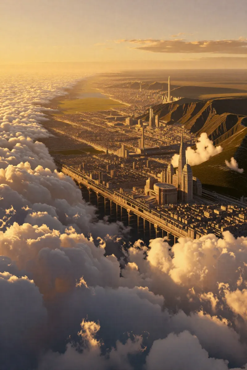 A large city with tall towers sits on a ridge beside a thick sea of golden clouds under a pale sky.