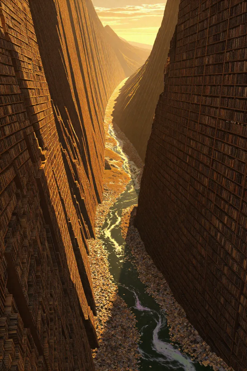 A deep canyon with both walls covered in shelves of books and a small river running along the bottom at sunset.