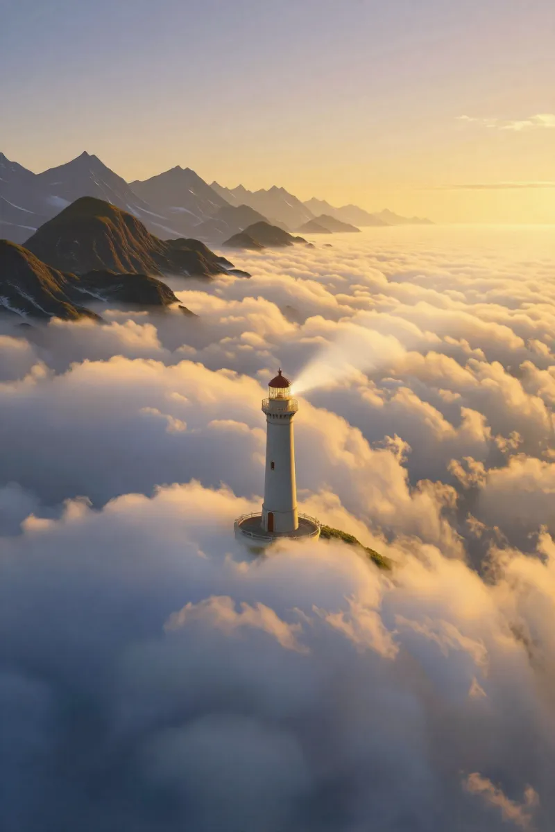 A small white lighthouse with a red top stands in a sea of clouds, with mountains on the horizon at golden hour.