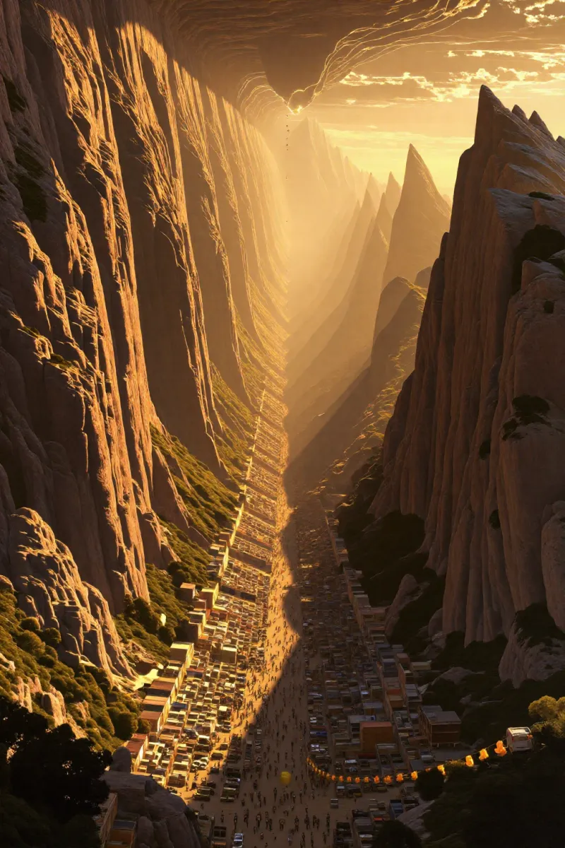 A narrow canyon with a crowded street of small stalls and lights in the middle, with tall rock walls and a glowing sky above.
