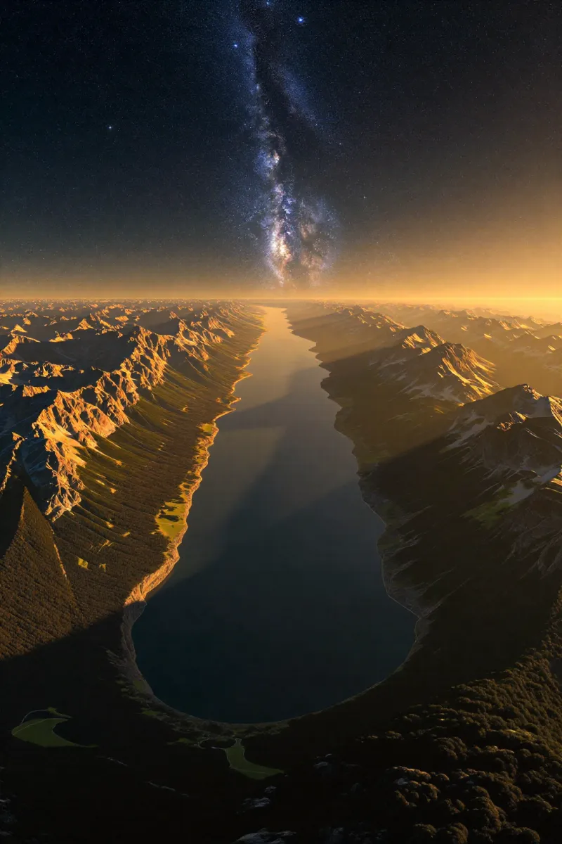 A band of the Milky Way rises above a dark mountain canyon with a still lake in the middle, lit by a golden glow on the horizon.