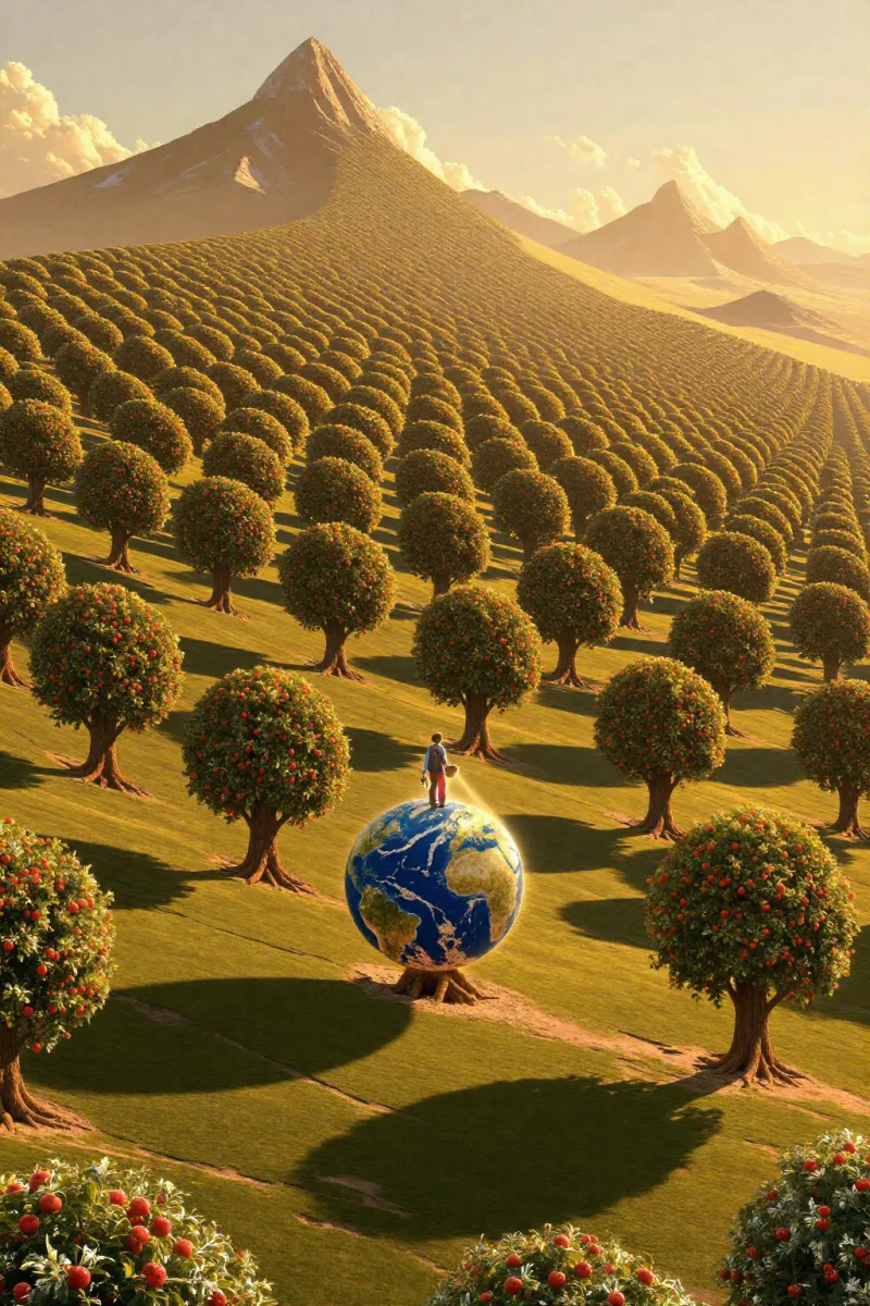 Rows of trees on a grassy slope under a mountain, with a small globe resting under one tree and a tiny person standing on it.
