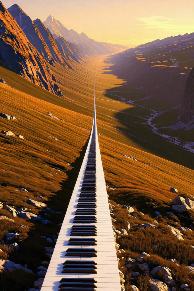 A road made of piano keys stretches along an orange mountain valley toward a bright horizon.
