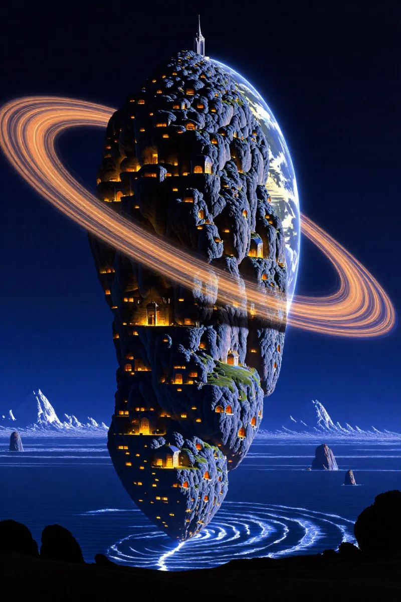 A tall oval planet of dark rock with a glowing ring and many lit windows floats above a night sea with ripples.