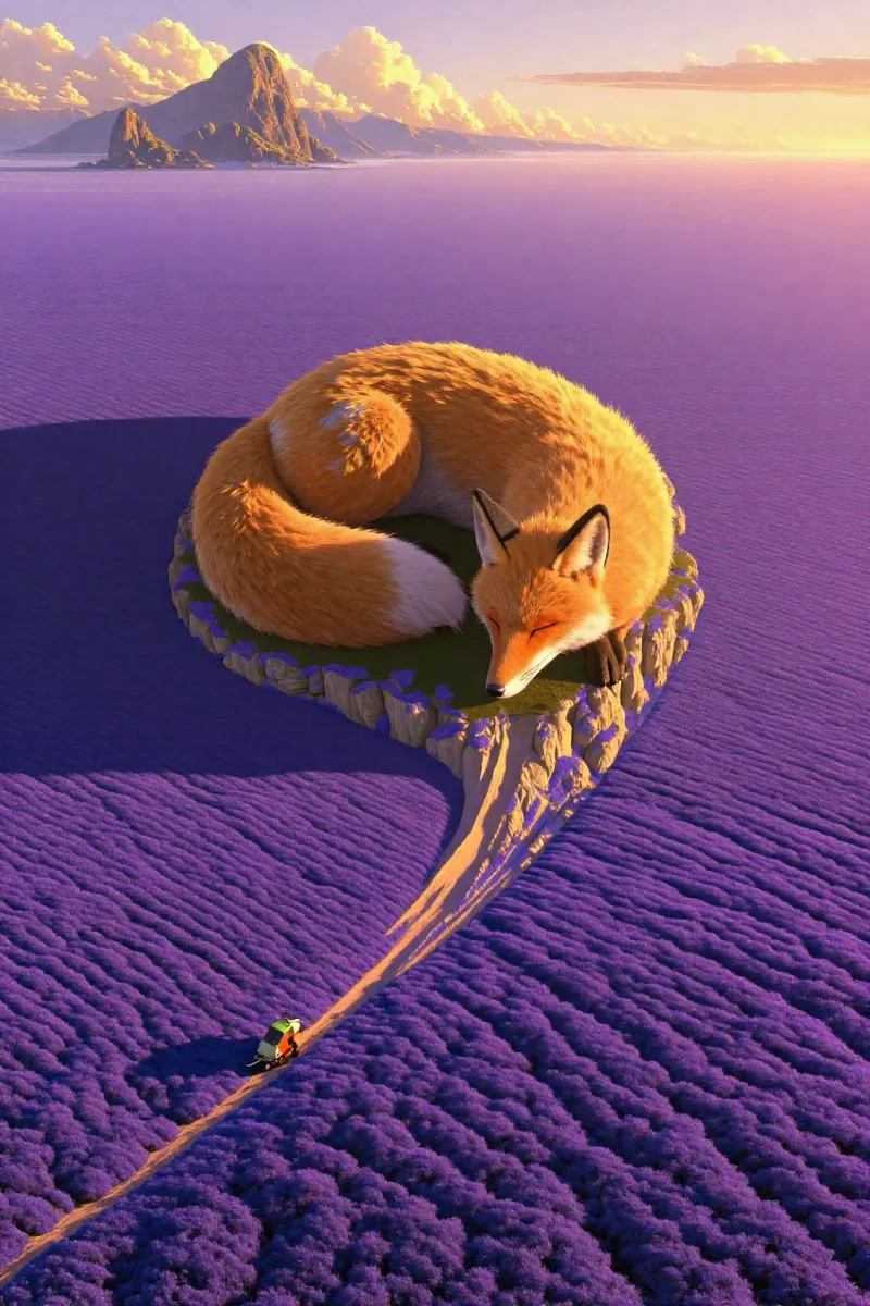 A large orange fox sleeps curled up on a small rocky island in a field of purple lavender, with a thin path leading to it.