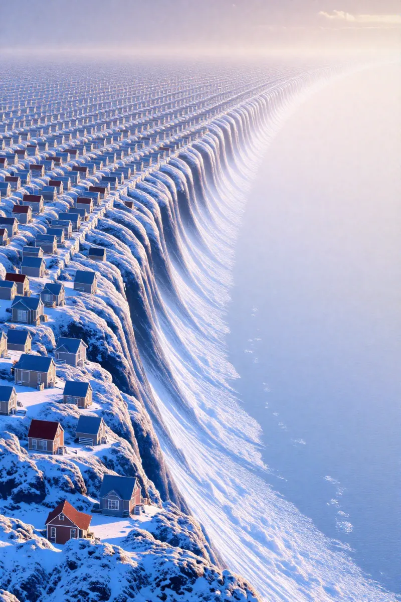 Many small snow-covered houses line the curling crests of a giant frozen wave beside a bright white ice plain.