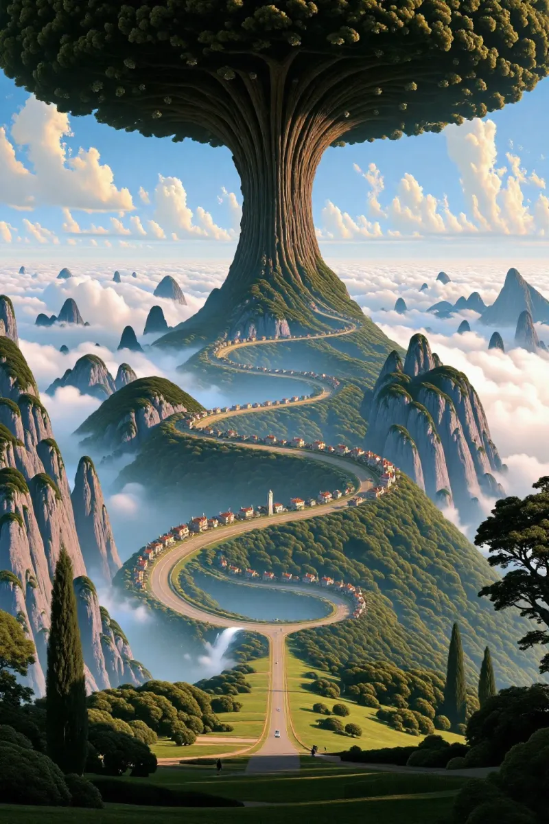 A winding road with small houses spirals up the huge trunk of a giant tree, surrounded by misty rock peaks and clouds.