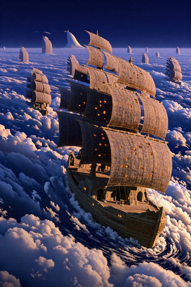A large old sailing ship with tall sails moves through white clouds on a dark blue sea, with more ships far behind it.