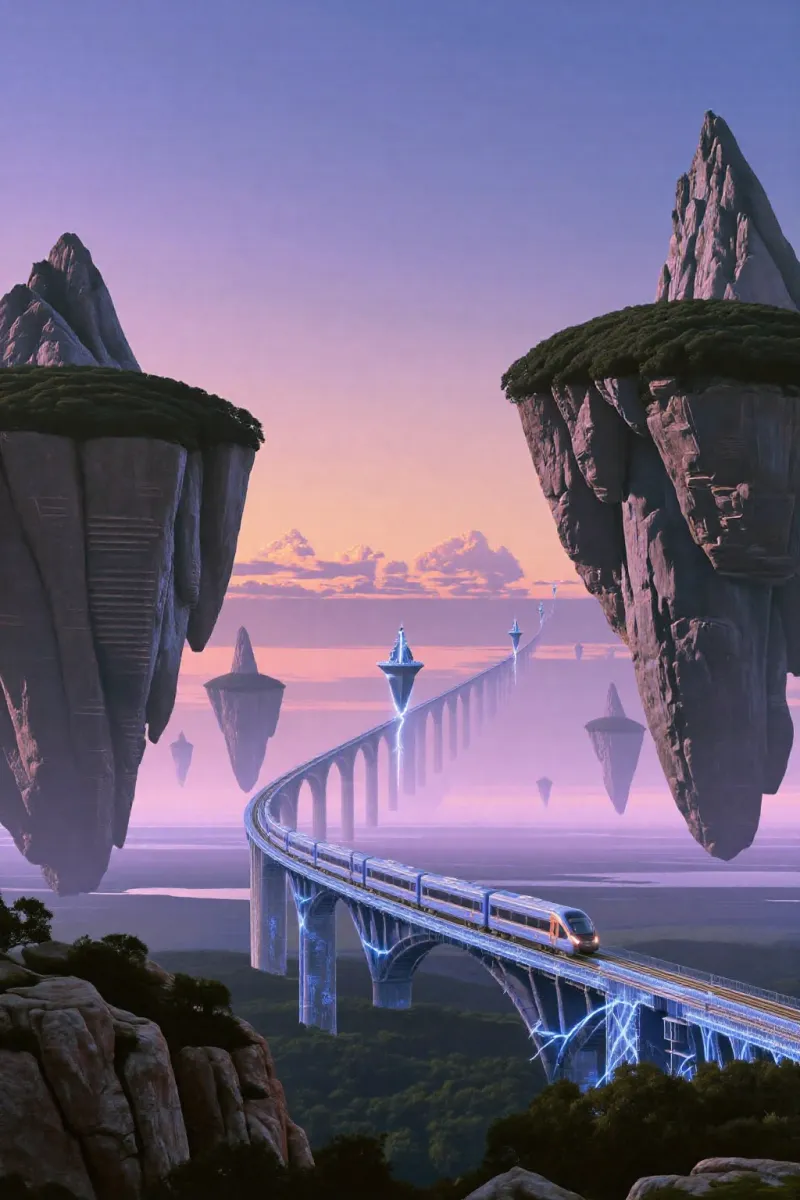 A train runs over a curving bridge with blue lightning lines toward floating rock islands in a lavender sky.