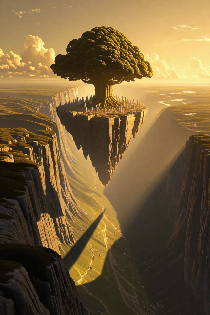 A large tree with a small town around its roots grows on a floating chunk of rock above a deep canyon at sunset.
