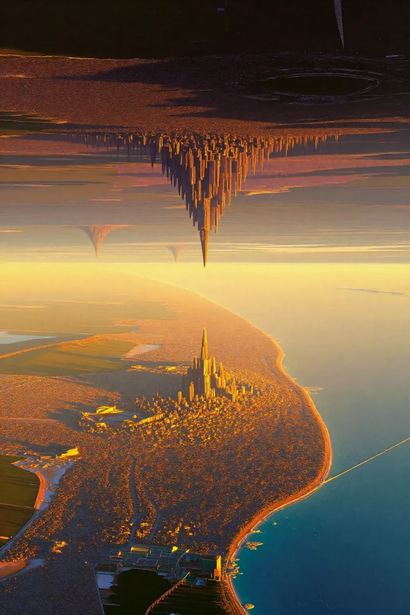 An inverted city hangs from the top of the frame above a city with tall towers on a coast, next to a calm sea.