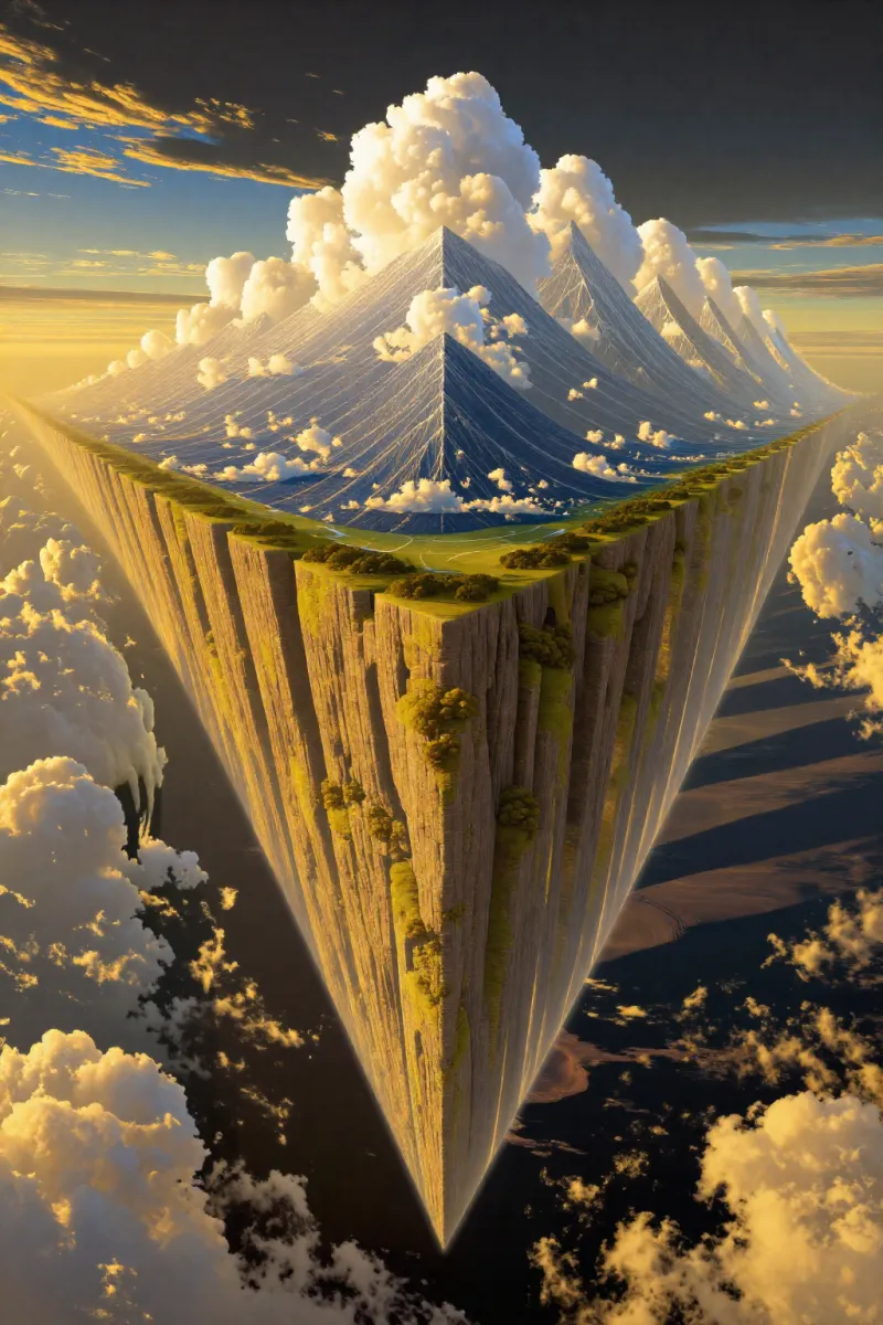 A huge inverted rock wedge floats among clouds, with a flat top covered in white peaks and clouds.