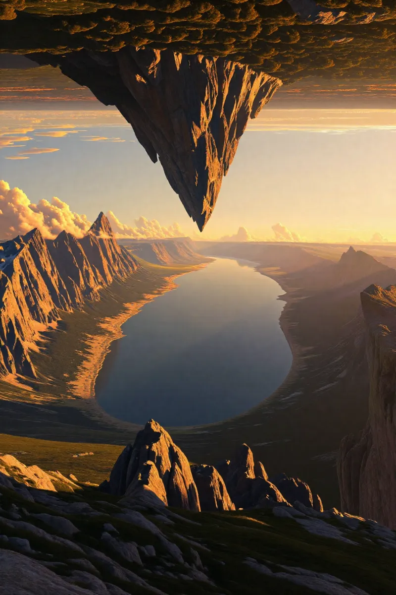 A mountain floats upside down at the top of the frame over a still lake surrounded by rocky cliffs at sunset.
