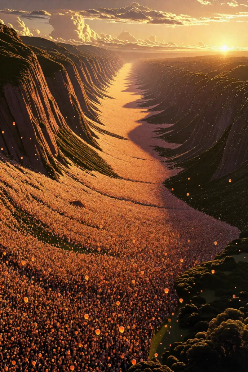 A winding valley between dark cliffs is filled with thousands of orange paper lanterns floating upward at sunset.
