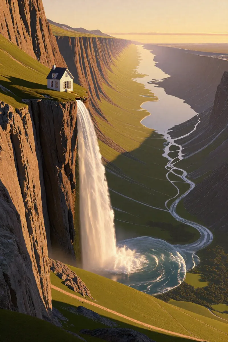 A tiny white house sits on a cliff edge above a waterfall that falls into a swirling pool in a wide river valley.