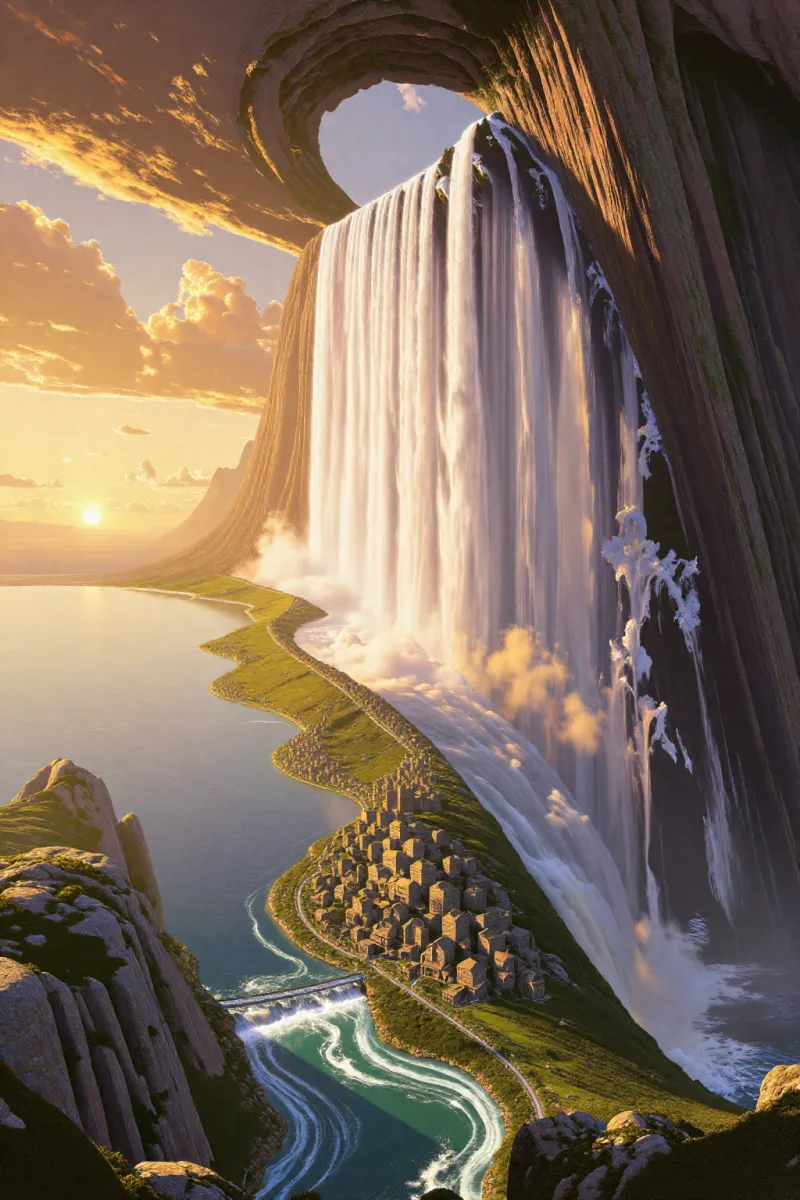 A huge waterfall pours down a cliff beside a circular gap in the clouds, above a lake and a small village at sunset.
