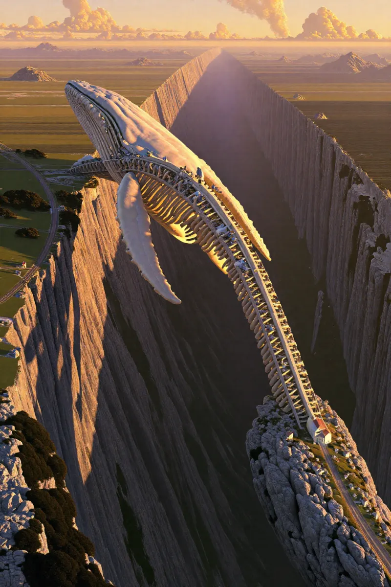 A large whale skeleton arches across a cliff-lined canyon with a thin road and small houses along its spine.